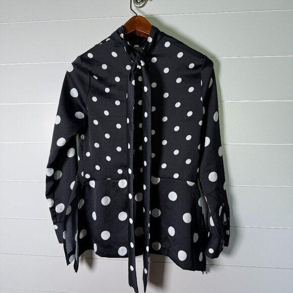 H & M Tie in Back Long Sleeve Black & White Polka-Dot Blouse- Sz 6 - Picture 3 of 9